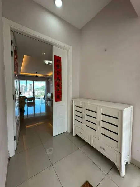 Room features: white wooden console cabinet with drawers, light grey wall, white ceiling, recessed ceiling lights, large window with city view, glossy floor tiles, doorway leading to another room, decorative wall art or red banners; style: modern; view: city.