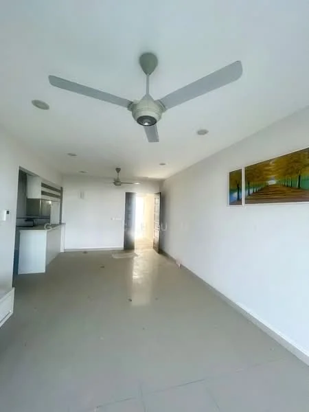 Living features: white painted walls, grey tiled flooring, 5-blade ceiling fan with light, recessed downlights, sliding glass door, large windows, decorative artwork on wall, open layout to kitchen, natural light from entrance, no visible furniture; style: modern.
