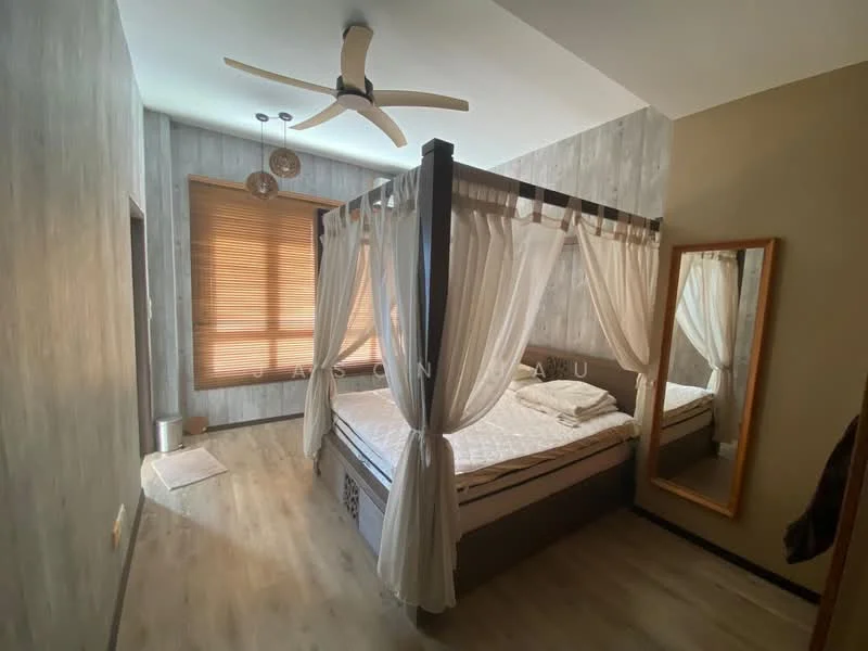 Bedroom features: canopy bed with drapes, wooden flooring, grey accent wall, recessed downlights, 5-blade ceiling fan, large window with wooden blinds, full-length mirror, decorative wall paneling; style: modern.
