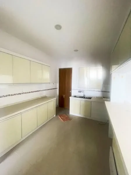 Kitchen features: light yellow cabinetry, white countertop, built-in sink, wall-mounted cabinets, tile backsplash, neutral wall colour, flooring with light colour, door leading to another room; style: modern.