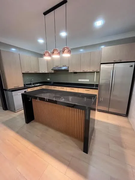 Kitchen features: black granite countertop, wooden cabinetry, stainless-steel fridge, built-in oven, 4-burner gas hob, stainless-steel range hood, pendant lighting with copper finish, double-bowl stainless-steel sink, white ceramic tile backsplash, laminate flooring, recessed downlights; style: modern.
