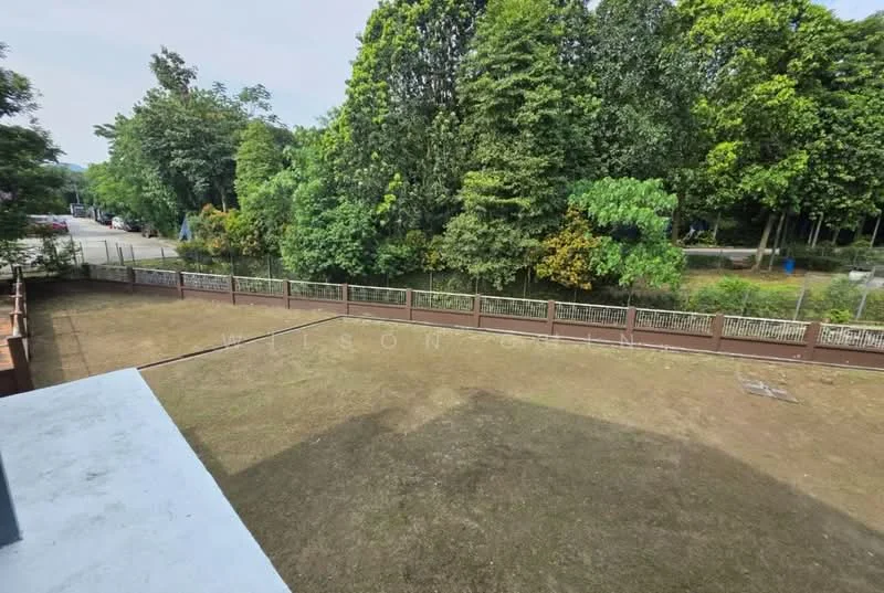 Exterior type: landscape garden; features: manicured lawn, fenced perimeter, mature trees, tropical landscaping, gravel pathway, open green space; style: tropical-modern.