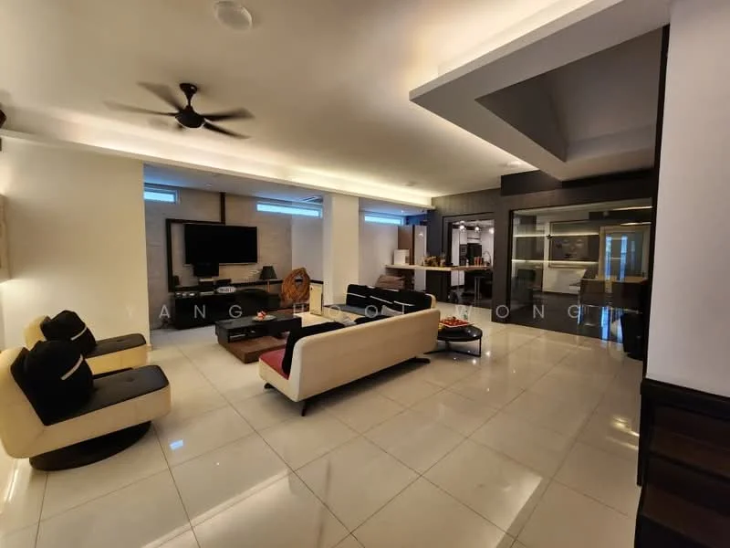 Living features: 3-seater fabric sofa in black, 2-seater fabric sofa in cream, coffee table, wall-mounted TV, entertainment unit, area rug, ceiling fan, recessed LED downlights, white painted walls, marble tile flooring, decorative wall art, built-in cabinetry; style: modern.