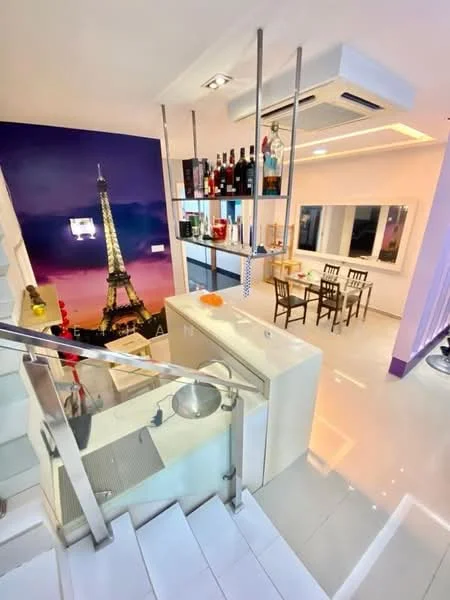 Kitchen features: white cabinetry, marble countertop, stainless-steel sink, chrome pull-down faucet, built-in wine rack, recessed LED downlights, pendant lighting, open shelving, bar stools, decorative wall art with Eiffel Tower, floor-to-ceiling windows, polished tile flooring, air conditioning unit; style: modern; view: city. Dining features: 4-seater dining table, wooden dining chairs, decorative wall art, floor-to-ceiling windows, polished tile flooring; style: modern; view: city.