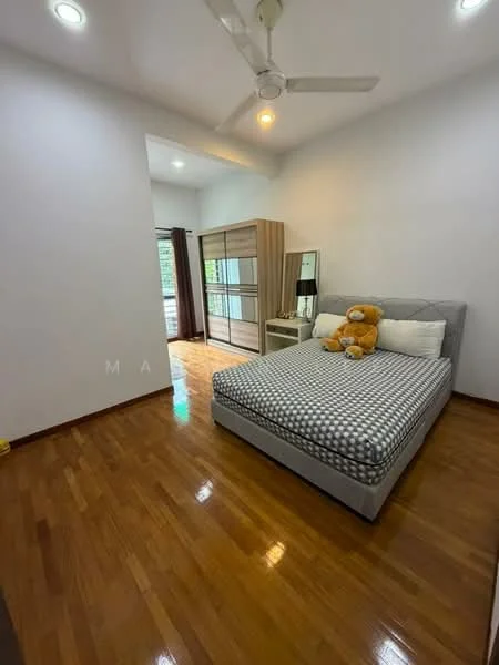 Bedroom features: queen-size bed with grey upholstered frame, checkered bedding in grey and white, wooden flooring, 5-blade ceiling fan with light, built-in wardrobe with sliding doors, large window with sheer curtains, decorative teddy bear on bed, mirror on dresser; style: modern; view: garden.
