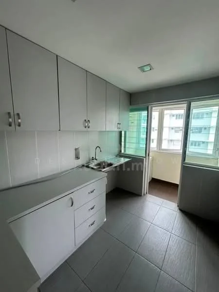 Kitchen features: grey cabinetry, single-bowl stainless-steel sink, chrome pull-down faucet, grey countertop, tile backsplash, floor-to-ceiling windows, sliding glass door, grey tile flooring, under-cabinet lighting, open shelving, natural light from windows; style: modern; view: city.
