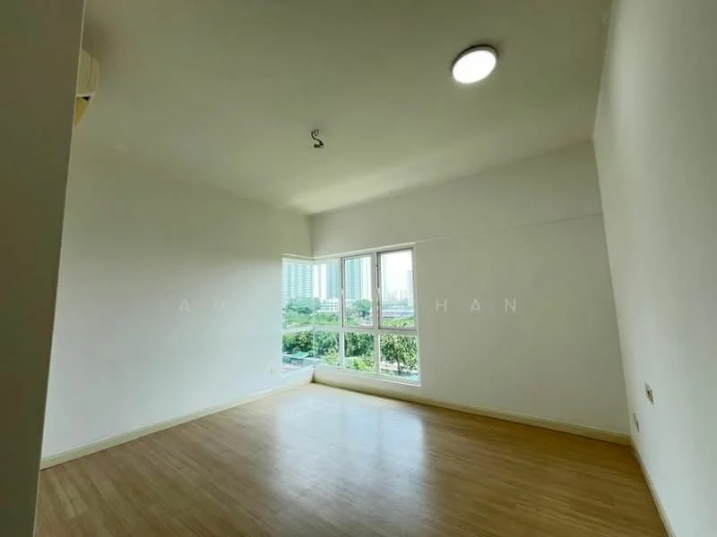 Room features: white painted walls, laminate flooring, floor-to-ceiling windows, city view, recessed ceiling light; style: modern; view: city.
