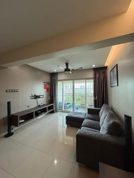 Living features: grey fabric L-shape sectional sofa, coffee table, wall-mounted TV, TV console with storage, floor-to-ceiling windows, sheer curtains, recessed downlights, 5-blade ceiling fan with light, cream painted walls, glossy tile flooring, decorative wall panel, balcony view; style: modern; view: city.