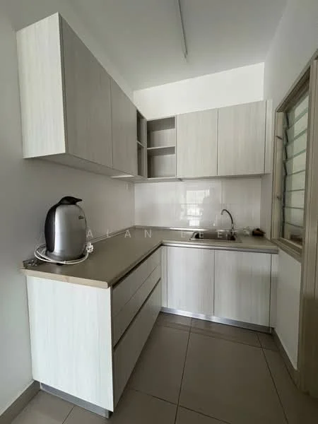 Kitchen features: light wood cabinetry, laminate countertop, stainless-steel sink, chrome faucet, built-in upper cabinets, lower cabinets with drawers, white tiled backsplash, grey floor tiles, kettle on countertop; style: modern.