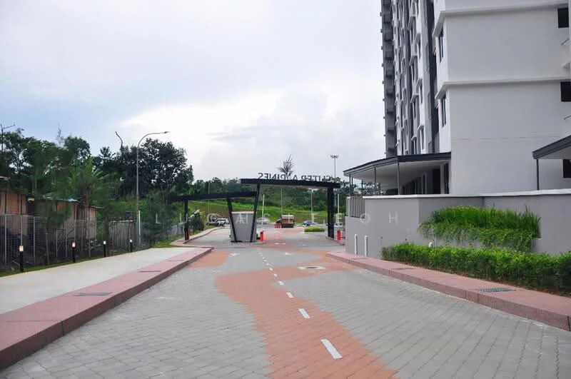 Exterior type: high-rise condominium; features: paved driveway, landscaped greenery, entrance gate, signage at entrance, surrounding trees, parking area, sidewalk, modern facade, multi-storey building; style: modern.