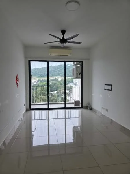 Living features: white painted walls, glossy ceramic tile flooring, 5-blade ceiling fan with light, floor-to-ceiling windows, sliding glass door, mountain view, air conditioning unit, no visible furniture; style: modern; view: mountain.