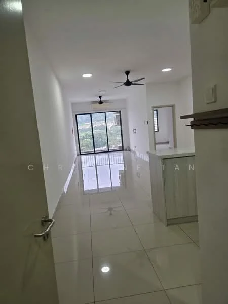 Room features: white painted walls, glossy ceramic tile flooring, 2 ceiling fans, large sliding glass door, natural light from windows, recessed LED downlights, open layout, view of greenery; style: modern; view: garden.