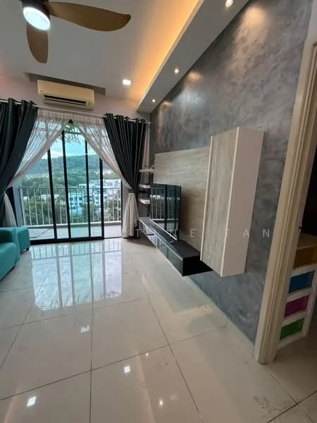 Living features: 5-blade ceiling fan with light, floor-to-ceiling windows, sliding glass door, grey accent wall, white painted walls, polished tile flooring, TV console, wall-mounted TV, curtains, decorative shelving, sofa in teal, recessed downlights; style: modern; view: mountain.
