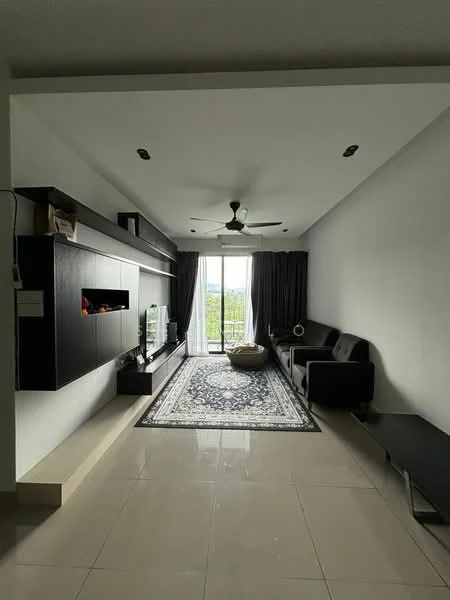 Living features: grey fabric sofa, black TV console, wall-mounted TV, ceiling fan with light, recessed downlights, large sliding glass door, floor-to-ceiling curtains, decorative area rug with geometric pattern, white painted walls, cream tiled flooring; style: modern; view: city.
