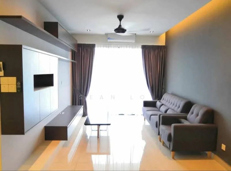 Living features: grey accent wall, white painted walls, polished tile flooring, 5-blade ceiling fan with light, sofa in dark grey fabric, glass coffee table, wall-mounted TV, built-in TV console with storage, curtains in dark grey, floor-to-ceiling windows; style: modern.