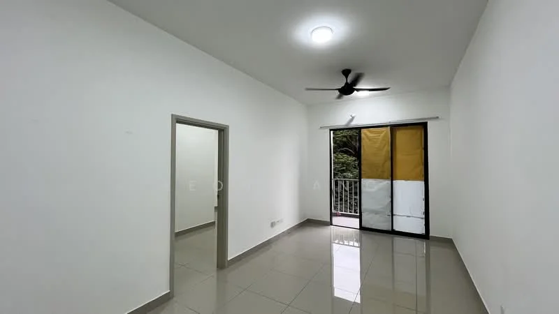 Room features: white painted walls, glossy ceramic tile flooring, 5-blade ceiling fan with light, sliding glass door, floor-to-ceiling windows, curtains, neutral color scheme, natural light from windows; style: modern; view: garden.