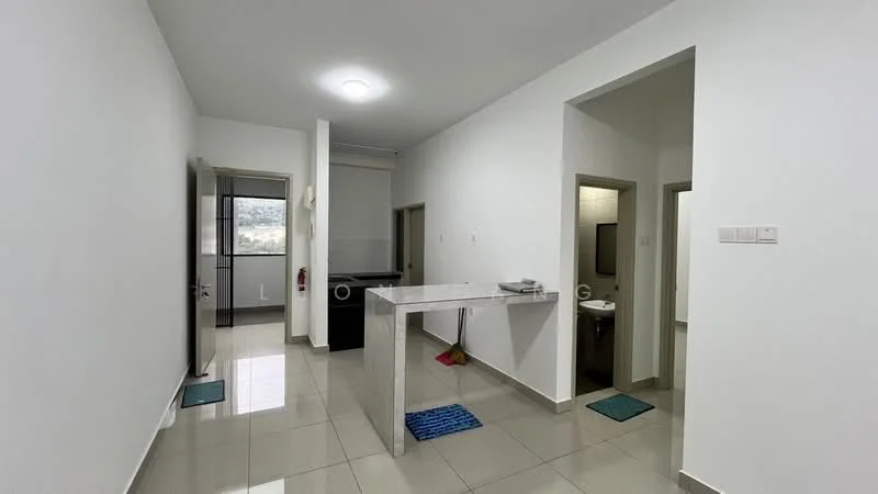 Room features: white painted walls, glossy ceramic tile flooring, recessed ceiling lights, open layout, kitchen island with countertop, doorway leading to another room, doorway leading to bathroom, large window with view, blue bath mat, grey bath mat; style: modern; view: city.