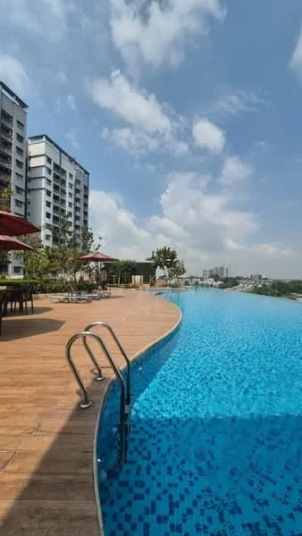 Exterior type: high-rise condominium; features: infinity pool, pool deck with loungers, wooden decking, landscaped garden area, outdoor dining area with umbrellas, surrounding greenery, city skyline in background; style: modern.