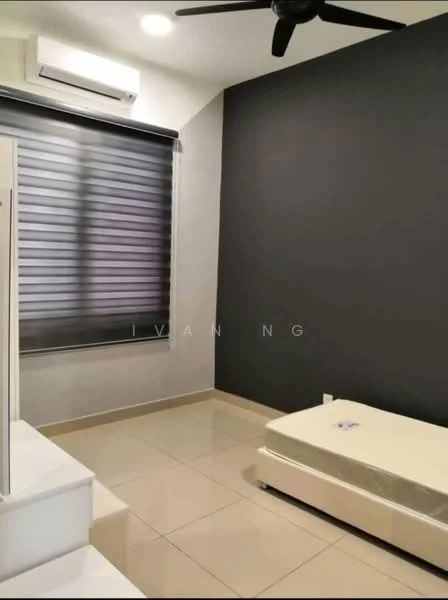 Bedroom features: grey accent wall, white painted walls, tile flooring, 5-blade ceiling fan, wall-mounted split AC, blackout roller blinds, window with view, unfurnished with mattress base; style: modern.