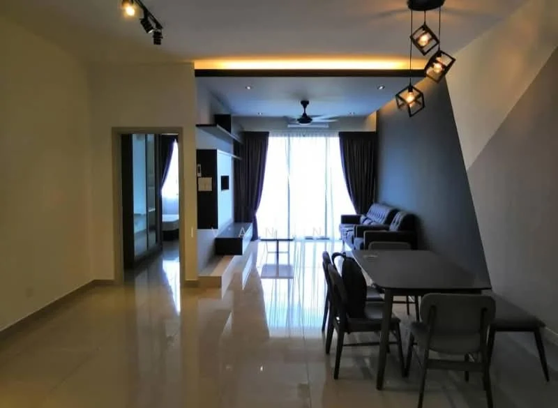 Living features: polished ceramic tile flooring, white painted walls, dark accent wall, 5-blade ceiling fan with light, recessed downlights, sofa in grey, coffee table, TV console, wall-mounted TV, dining table with chairs, floor-to-ceiling windows, sheer curtains; style: modern; view: city.