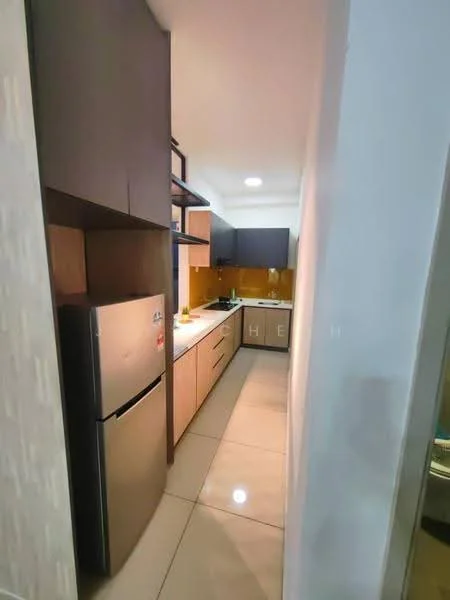 Kitchen features: grey cabinetry, wooden cabinetry, black countertop, stainless-steel fridge, built-in oven, 4-burner gas hob, white backsplash, recessed downlights, ceramic tile flooring, open shelving, kitchen sink; style: modern.