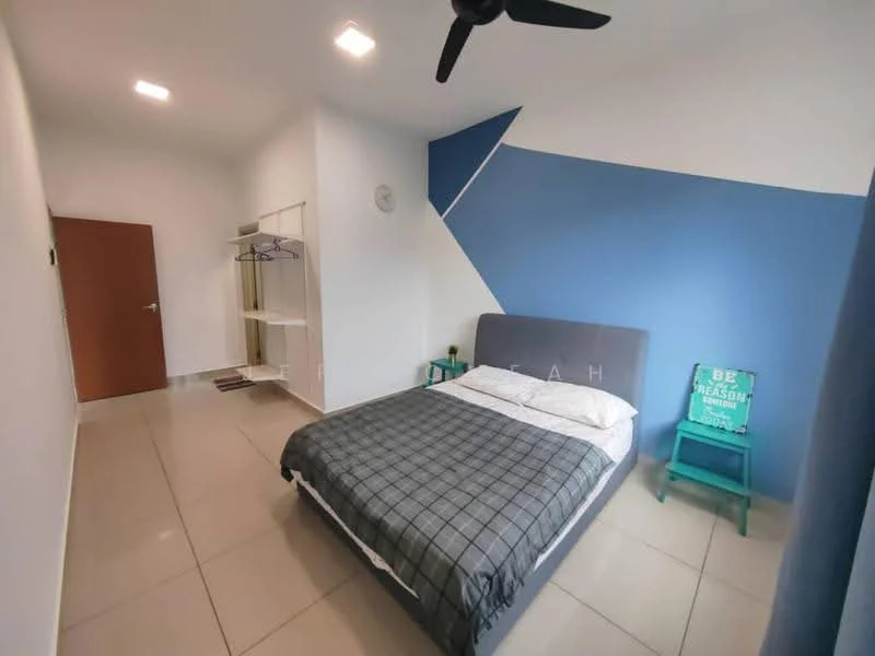 Bedroom features: queen-size bed with grey upholstered headboard, grey plaid bedding, white walls, blue accent wall, ceiling fan, tile flooring, built-in wardrobe with open shelving, green accent chair, wall clock, decorative sign on chair; style: modern.