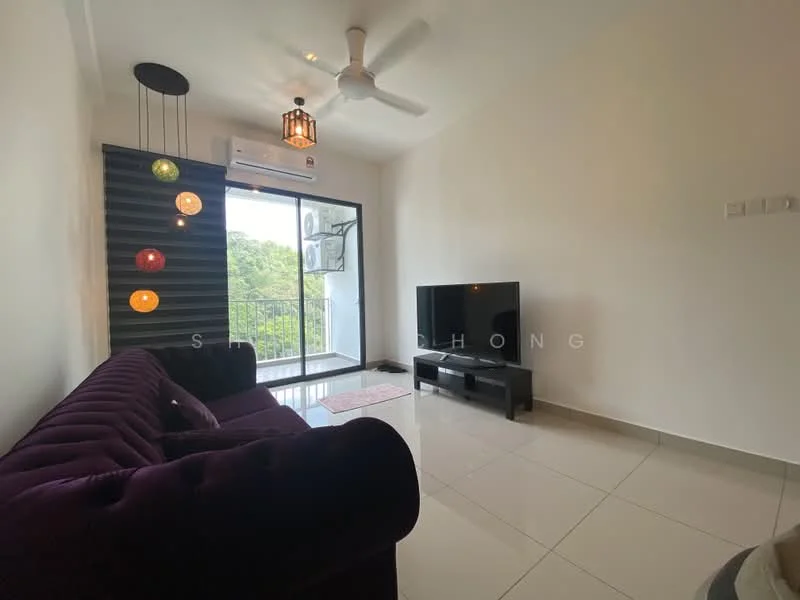 Living features: purple velvet sofa, flat-screen TV on black console, ceiling fan with light, white walls, glossy tile flooring, large glass sliding door, balcony access, decorative pendant lights, air conditioning unit; style: modern; view: garden.