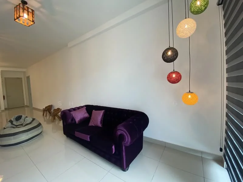 Living features: purple velvet sofa with tufted back, two purple throw pillows, white painted walls, glossy white tile flooring, hanging pendant lights in multiple colors, decorative wooden stool, bean bag chair, sliding window treatments; style: modern.