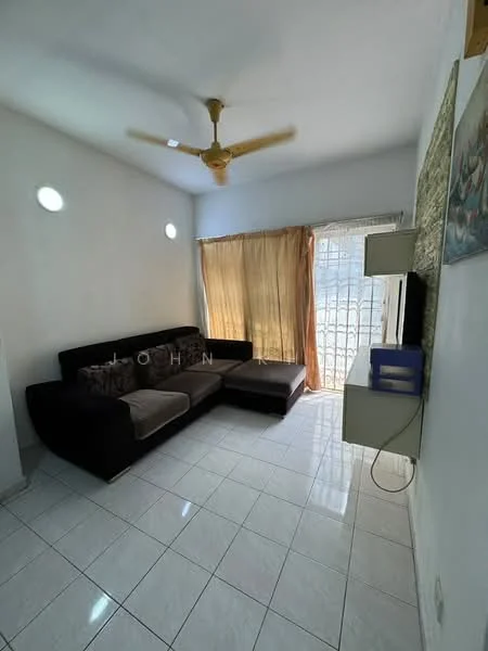 Living features: 3-seater fabric sofa in black, ceiling fan with light, white painted walls, glossy white tile flooring, large window with sheer curtains, TV mounted on wall, decorative wall art, natural light from window; style: modern.