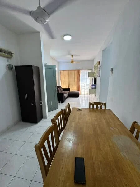 Dining features: wooden dining table, 6 wooden dining chairs, white painted walls, tile flooring, ceiling fan, wall-mounted air conditioning unit, large window with sheer curtains, light fixture in ceiling; style: modern. Living features: sofa in dark color, coffee table, TV console, large window with sheer curtains, light fixture in ceiling; style: modern.