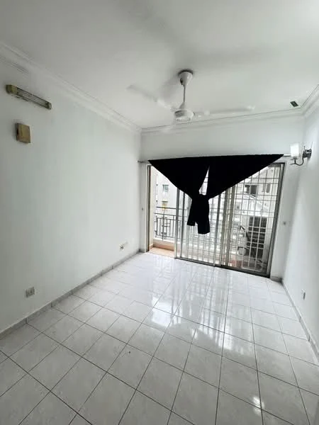Living features: white painted walls, glossy white floor tiles, 5-blade ceiling fan with light, black curtain covering sliding glass door, sliding glass door to balcony, wall-mounted light fixture, window with metal grille, open layout; style: modern.