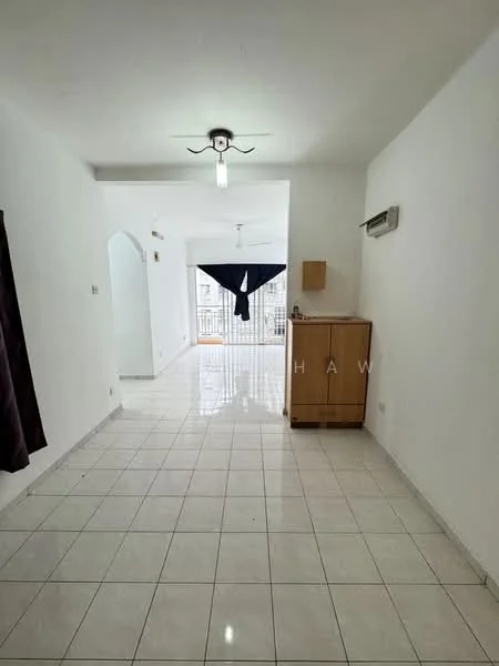 Living features: white painted walls, glossy white tile flooring, ceiling fan with light, wall-mounted air conditioning unit, sliding glass door, blackout curtains, wooden cabinet, natural light from window, open layout, neutral decor; style: modern.
