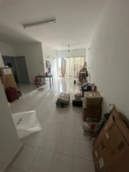Room features: white painted walls, tile flooring, ceiling fan, large window with sheer curtains, boxes and packing materials scattered, open space layout, natural light from window, light fixture on ceiling.