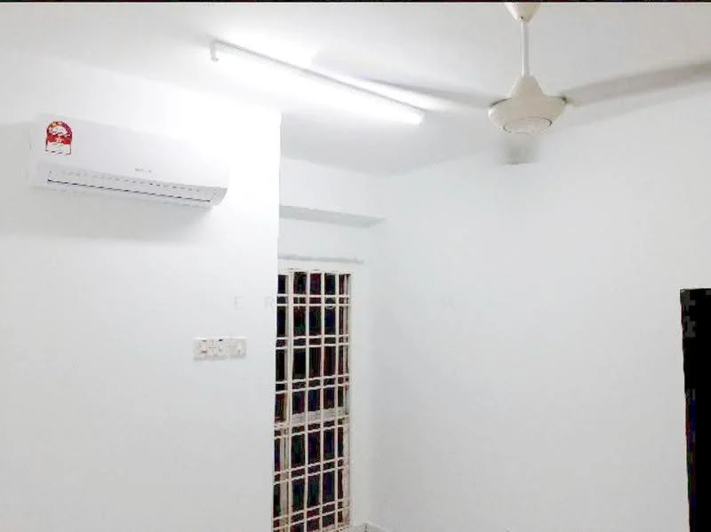 Room features: white painted walls, ceiling fan, wall-mounted split AC, window with grille, tile flooring, LED strip lighting.