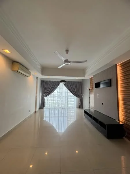 Living features: white painted walls, polished tile flooring, 5-blade ceiling fan, recessed downlights, floor-to-ceiling windows, curtains, TV console, wall-mounted TV, decorative wall paneling, air conditioning unit; style: modern; view: city.