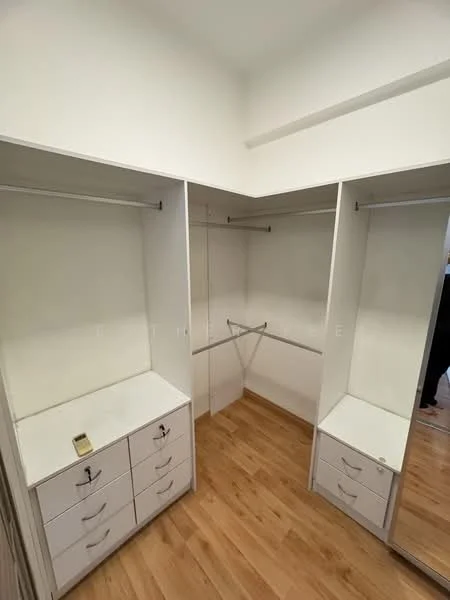 Room features: built-in wardrobe, white cabinetry, six drawers, hanging rods, laminate flooring, full-length mirror, neutral wall colour; style: modern.