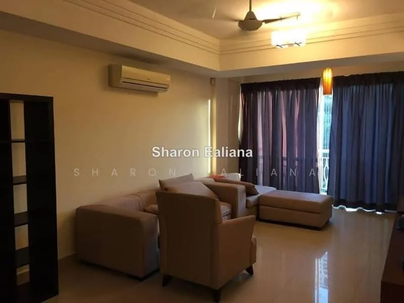 Living features: cream painted walls, polished tile flooring, 5-blade ceiling fan with light, floor-to-ceiling windows, sheer curtains, dark wood shelving unit, light brown fabric sofa, light brown armchairs, decorative pendant light; style: modern.