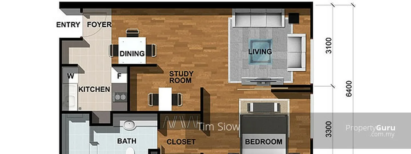 Floor plan: 1-bedroom 1-bathroom unit; features: open-plan kitchen-dining-living, study room, entry foyer, closet, bathroom, living room with TV area, dining area, kitchen with workspace.