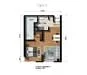 Floor plan: 1-bedroom 1-bathroom unit; features: open-plan kitchen-dining-living, master bedroom with ensuite bathroom, balcony off living room, utility room, central foyer.