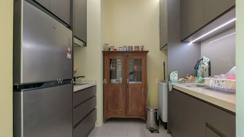 Kitchen features: stainless-steel fridge, dark cabinetry, light-colored countertop, built-in oven, kitchen sink, wooden cabinet with glass doors, tile flooring, recessed LED lighting, wall-mounted storage, countertop appliances, waste bin, open shelving; style: modern.