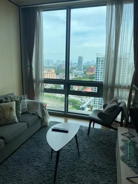 Living features: floor-to-ceiling windows, grey fabric sofa, coffee table, area rug, curtains, TV console, wall-mounted TV, decorative cushions; style: modern; view: city.