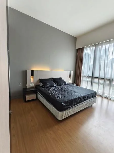 Bedroom features: king-size bed with upholstered headboard, bedside tables, laminate flooring, grey accent wall, floor-to-ceiling windows with sheer curtains, natural light, decorative wall lighting; style: modern.