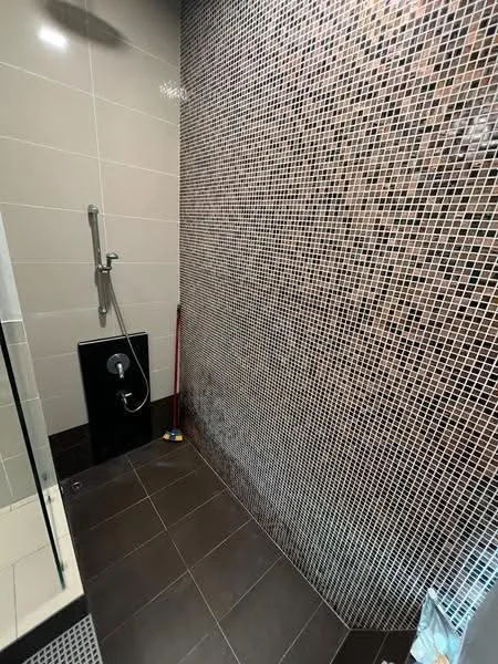 Bathroom features: walk-in shower with glass enclosure, mosaic tile wall cladding, dark tile flooring, chrome handheld showerhead, wall-mounted faucet, black shower control panel, shower wall with textured tiles, clean grout lines; style: modern.