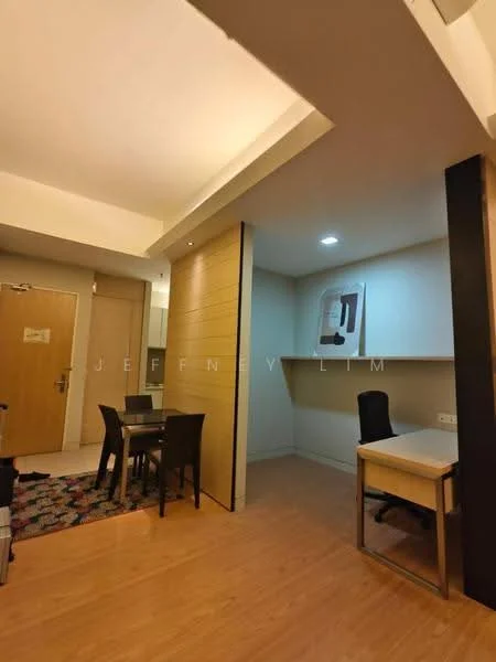 Room features: laminate flooring, white painted walls, recessed downlights, dining table with four chairs, study desk, wall-mounted artwork, open shelving, doorway leading to another room; style: modern.
