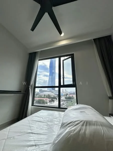 Bedroom features: floor-to-ceiling window, city view, white painted walls, ceiling fan, grey curtains, queen-size bed, mattress with protective cover, wooden flooring; style: modern; view: city.