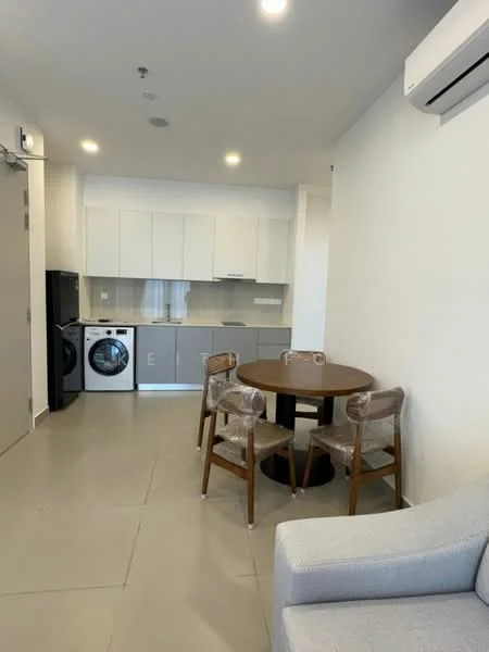 Kitchen features: white cabinetry, grey lower cabinets, stainless-steel refrigerator, built-in oven, 4-burner gas hob, single-bowl stainless-steel sink, chrome pull-down faucet, white tiled backsplash, washer-dryer combo, round dining table, 4 wooden dining chairs, air conditioning unit, recessed ceiling lights, grey tiled flooring; style: modern.