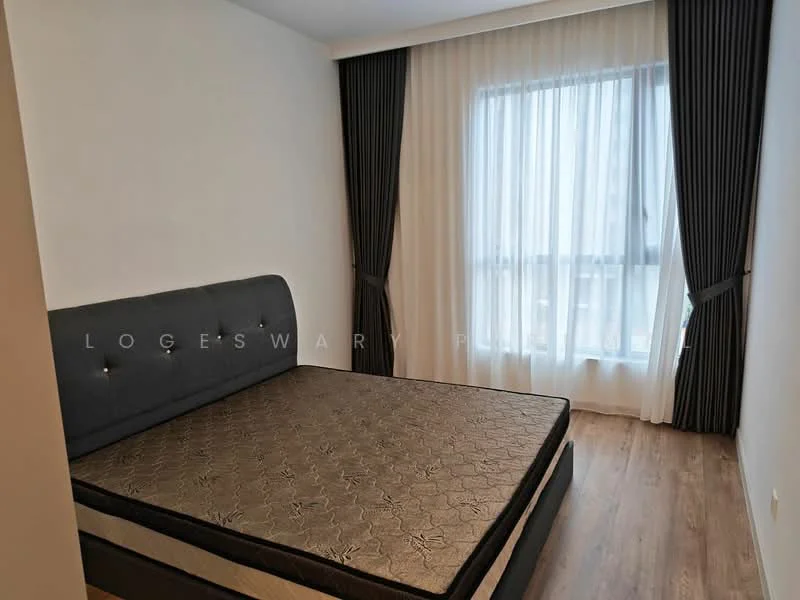 Bedroom features: queen-size bed base, upholstered headboard, wooden flooring, floor-to-ceiling window, sheer curtains, blackout curtains, neutral painted walls, decorative wall paneling; style: modern.