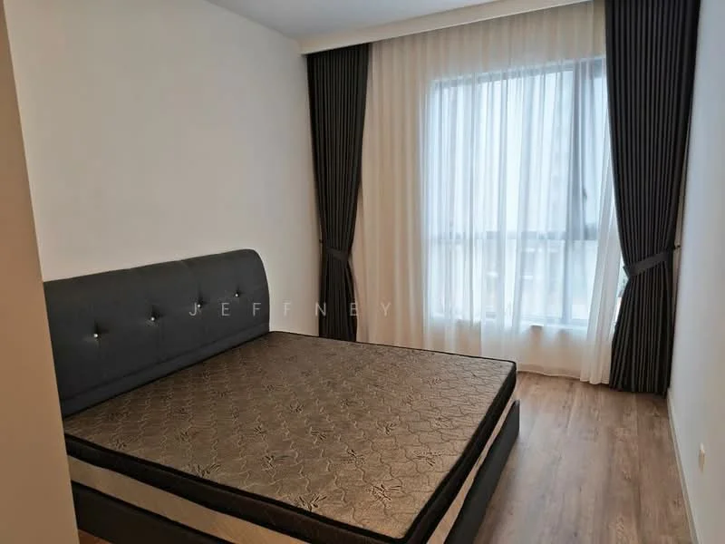 Bedroom features: queen-size bed frame without mattress, grey upholstered headboard, wooden flooring, floor-to-ceiling window, sheer curtains, blackout curtains, plain white walls, recessed lighting; style: modern.