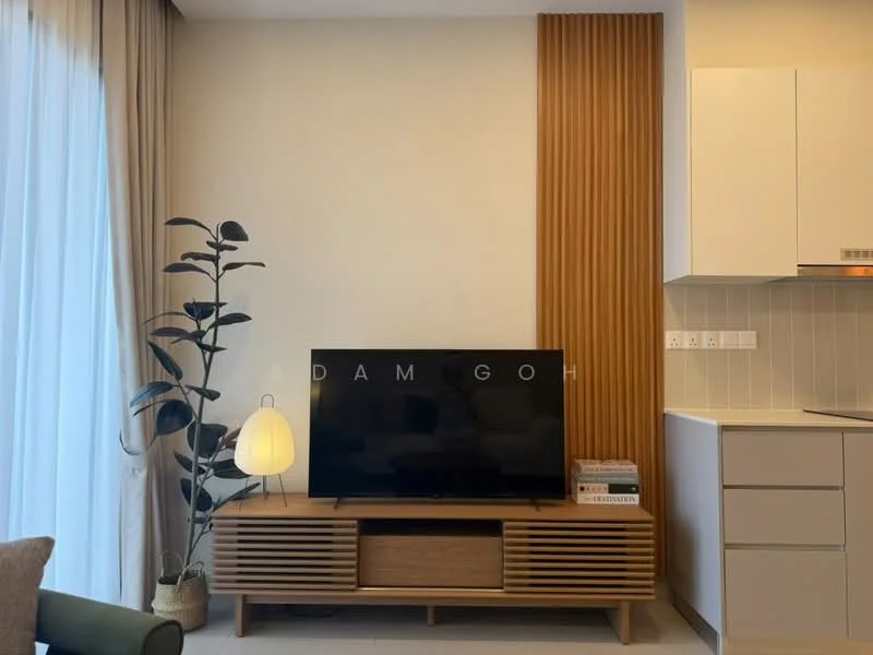 Living features: wooden TV console with slatted design, wall-mounted flat-screen TV, green indoor plant in ceramic pot, table lamp with rounded shade, light-colored wall, curtains in neutral tone, grey sofa, open shelving with books; style: modern.