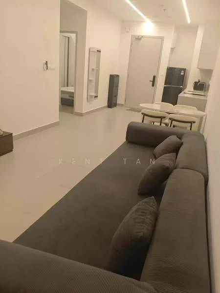 Living features: grey fabric sofa, 2 round coffee tables, white walls, tile flooring, refrigerator, built-in kitchen with countertop, wall-mounted air conditioning unit, floor-to-ceiling windows, door leading to hallway, light fixtures; style: modern.